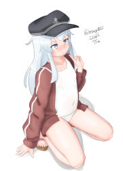 Rule 34 | 1girl, absurdres, anchor symbol, black hat, dated, flat cap, full body, grey eyes, hat, hibiki (kancolle), highres, index finger raised, jacket, kantai collection, kneeling, long hair, maru (marg0613), old school swimsuit, one-piece swimsuit, red jacket, sandals, school swimsuit, simple background, solo, swimsuit, swimsuit under clothes, thighs, track jacket, twitter username, white background, white one-piece swimsuit