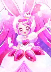 Rule 34 | 1girl, animal ears, brooch, cake hair ornament, choker, commentary, cure whip, cure whip (a la mode style), dress, food-themed hair ornament, fur-trimmed sleeves, fur trim, hair ornament, heart, heart brooch, highres, jewelry, kirakira precure a la mode, long hair, magical girl, pink choker, precure, rabbit ears, senri bunny, solo, symbol-only commentary, twintails, usami ichika, white dress, wrist cuffs
