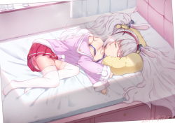 Rule 34 | 1girl, animal ears, azur lane, bare shoulders, bed sheet, camisole, closed eyes, collarbone, commentary request, fake animal ears, hairband, highres, jacket, laffey (azur lane), long hair, lying, no shoes, off shoulder, on bed, on side, pillow, pleated skirt, rabbit ears, red skirt, sidelocks, silver hair, skirt, sleeping, snow (676528662), solo, strap slip, sunlight, thighhighs, twintails, white thighhighs, window, window shadow