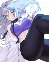 Rule 34 | 1girl, black leggings, black pants, blue hair, blush, bra, breasts, closed mouth, collarbone, commentary request, crossed bangs, girls&#039; frontline, green eyes, hair between eyes, hair ornament, hk416 (girls&#039; frontline), leggings, light blue hair, long hair, looking at viewer, lying, medium breasts, on back, open clothes, open shirt, pants, purple bra, purple sports bra, ribbon, shirt, silver hair, siun, solo, sports bra, teardrop, teardrop facial mark, teardrop tattoo, thighs, underwear, white background, white shirt