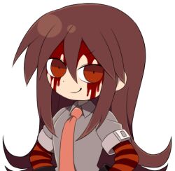 Rule 34 | 1girl, adricarra, blood, blood on face, brown hair, collared shirt, commentary, english commentary, funamusea, funamusea (style), grey shirt, hair between eyes, hands on own hips, long hair, looking to the side, met (funamusea), necktie, official style, red arm warmers, red eyes, red necktie, shirt, short sleeves, sidelocks, simple background, smile, solo, striped arm warmers, upper body, white background