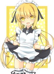 Rule 34 | 10s, 1girl, :d, alternate costume, apron, bad id, bad pixiv id, blonde hair, clothes lift, enmaided, kantai collection, lifting own clothes, looking at viewer, maid, maid apron, maid headdress, open mouth, polka dot, polka dot background, puffy short sleeves, puffy sleeves, rateratte, satsuki (kancolle), short sleeves, skirt, skirt lift, smile, solo, thighhighs, twintails, yellow eyes