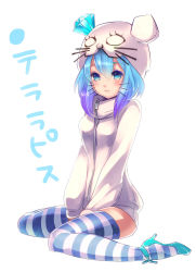 Rule 34 | 1girl, animal hat, aoki lapis, blue eyes, blue hair, diamond (gemstone), full body, gradient hair, hat, ixima, matching hair/eyes, multicolored hair, shoes, short hair, simple background, socks, solo, source request, striped clothes, striped socks, striped thighhighs, sweater, thighhighs, twintails, vocaloid, white background