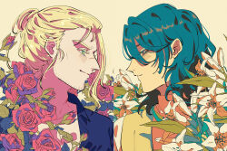 Rule 34 | 2boys, aqua hair, beard stubble, blonde hair, brown eyes, character request, donald (path to nowhere), eye contact, facial hair, flower, green eyes, hair between eyes, highres, lily (flower), looking at another, medium hair, multiple boys, path to nowhere, rose, shizuku kaworu, stubble, upper body