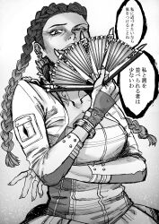 Rule 34 | 1girl, absurdres, animification, apex legends, arm under breasts, bracelet, breasts, cropped jacket, eyeshadow, fingerless gloves, floating hair, folding fan, garra de alanza, gloves, greyscale, hair behind ear, hand fan, highres, holding, holding fan, jewelry, loba (apex legends), long hair, looking at viewer, makeup, medium breasts, monochrome, multicolored hair, nail polish, shiba shiba, skirt, smile, smug, solo, translation request, two-tone hair, upper body