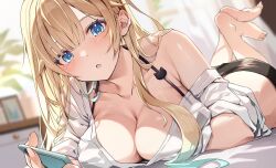 Rule 34 | 1girl, :o, absurdres, artist request, barefoot, black shorts, blonde hair, blue eyes, blunt bangs, blurry, blurry background, blush, breasts, cellphone, collarbone, feet, hair between eyes, highres, large breasts, long hair, lying, on bed, on stomach, open mouth, phone, shirt, shorts, single bare shoulder, smartphone, white shirt