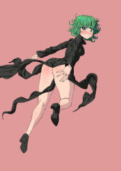 Rule 34 | 1girl, absurdres, ass, bare legs, black dress, black footwear, blush, bottomless, curly hair, dress, from behind, green eyes, green hair, high heels, highres, looking back, no panties, one-punch man, pink background, pussy, solo, sweat, tatsumaki, thighs