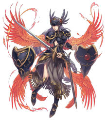 Rule 34 | armor, feathered wings, feathers, helmet, holding, holding sword, holding weapon, hrist valkyrie, multiple wings, official art, red eyes, red feathers, simple background, solo, sword, third-party source, valkyrie, valkyrie anatomia, valkyrie profile (series), weapon, white background, winged helmet, wings