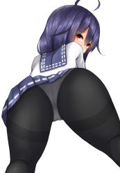 Rule 34 | 10s, 1girl, ahoge, all fours, ass, ass focus, black pantyhose, close-up, covered mouth, from behind, kantai collection, looking at viewer, looking back, microskirt, mizushina minato, panties, panties under pantyhose, pantyhose, pleated skirt, purple hair, red eyes, school uniform, serafuku, simple background, skirt, solo, taigei (kancolle), underwear, white background, white panties