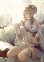 Rule 34 | 1girl, bare shoulders, bird, blonde hair, book, breasts, couch, detached sleeves, dress, flower, green eyes, highres, large breasts, looking to the side, original, pillow, rose, see-through, sitting, swan, thigh strap, thighs, white dress, windforcelan