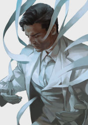 Rule 34 | 1boy, absurdres, bandages, black hair, closed mouth, collared shirt, closed eyes, facial hair, formal, highres, jacket, male focus, mamba, marvel, marvel cinematic universe, moon knight, moon knight (disney+), necktie, open clothes, open jacket, pants, shirt, short hair, solo, suit, superhero costume, vest, white jacket, white pants, white shirt, white suit, white vest