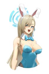 Rule 34 | 1girl, :d, animal ears, asuna (blue archive), asuna (bunny) (blue archive), athenawyrm, blonde hair, blue archive, blue eyes, blue leotard, blush, bow, bowtie, breasts, commentary, detached collar, fake animal ears, highres, large breasts, leotard, long hair, looking at viewer, mole, mole on breast, open mouth, pantyhose, playboy bunny, smile, solo, traditional bowtie