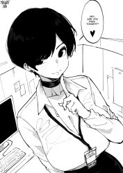 Rule 34 | 1girl, artist name, black choker, black hair, breasts, choker, cleavage, closed mouth, collared shirt, cubicle, desk, earrings, english text, from above, greyscale, highres, id card, index finger raised, jewelry, keyboard (computer), lanyard, large breasts, monitor, monochrome, norman maggot, office lady, olive laurentia, original, parted bangs, pencil skirt, pixie cut, shirt, shirt tucked in, short hair, skirt, solo, sticky note, white background, white shirt