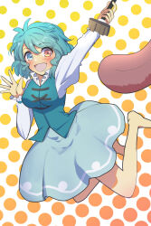 Rule 34 | 1girl, :d, blue eyes, blue skirt, blue vest, breasts, commentary, heterochromia, highres, holding, holding umbrella, juliet sleeves, long sleeves, looking at viewer, medium breasts, nayozane (worker7), open mouth, puffy sleeves, red eyes, shirt, short hair, skirt, smile, solo, tatara kogasa, tongue, touhou, umbrella, vest, white shirt