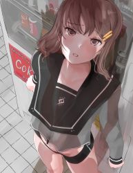 Rule 34 | 1girl, airport96, alice gear aegis, cola, commentary request, english text, highres, looking up, pink eyes, pink hair, school uniform, shorts, solo, tears, vending machine, yotsuya yumi