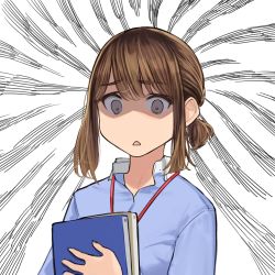 Rule 34 | 1girl, blouse, blue shirt, brown eyes, brown hair, collared shirt, douki-chan (douki-chan), emphasis lines, empty eyes, ganbare douki-chan, gloom (expression), highres, holding, office lady, shaded face, shirt, solo, white background, yomu (sgt epper)