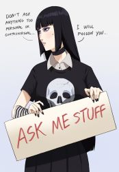 Rule 34 | 1girl, black choker, black hair, black nails, black shirt, blunt bangs, blunt ends, blythe (francisco mon), choker, collared shirt, english text, eyeshadow, francisco mon, gradient background, highres, holding, holding sign, long hair, looking to the side, makeup, nail polish, original, pleated skirt, profile, purple eyes, purple eyeshadow, shirt, sign, skirt, solo, sweatdrop