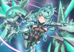Rule 34 | 1girl, aegis sword (xenoblade), breasts, chascoby, chest jewel, earrings, gem, gloves, greek text, green eyes, green hair, high heels, highres, jewelry, large breasts, long hair, pneuma (xenoblade), ponytail, solo, swept bangs, tiara, very long hair, xenoblade chronicles (series), xenoblade chronicles 2
