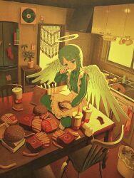 Rule 34 | 1girl, absurdres, angel, angel wings, apron, barefoot, bead curtain, braid, burger, cabinet, chair, cup, disposable cup, double vertical stripe, eating, electric fan, fast food, feathered wings, film grain, food, french fries, green eyes, green hair, green jacket, green pants, green track suit, halo, hand on own face, hand up, highres, holding, holding burger, holding food, indian style, indoors, jacket, jersey maid, kagenoyuhi, kitchen, kitchen hood, long hair, long sleeves, looking at viewer, maid, maid apron, on table, original, pants, parted lips, plant, potted plant, side braid, single braid, sitting, solo, spread wings, table, too much food, unconventional maid, waist apron, white apron, white wings, window, wings, zipper