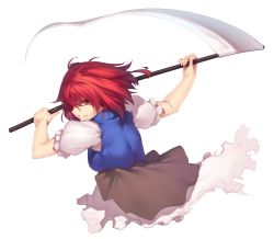 Rule 34 | &gt;:), 1girl, blue vest, breasts, clenched teeth, grin, holding, holding weapon, incoming attack, kaiza (rider000), large breasts, looking at viewer, onozuka komachi, profile, puffy short sleeves, puffy sleeves, red eyes, red hair, scythe, short sleeves, simple background, smile, solo, teeth, touhou, transparent background, two side up, upper body, v-shaped eyebrows, vest, weapon, white background