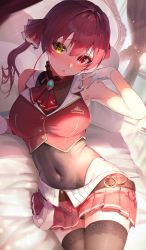Rule 34 | 1girl, absurdres, bed, black thighhighs, breasts, covered navel, gloves, hair ribbon, heterochromia, highres, hololive, houshou marine, kinoruru toiro, large breasts, looking at viewer, on bed, pleated skirt, red eyes, red hair, red ribbon, red skirt, ribbon, skirt, solo, thighhighs, twintails, virtual youtuber, white gloves, yellow eyes