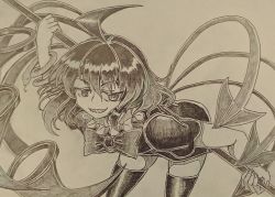 Rule 34 | 1girl, ahoge, asymmetrical wings, bent over, bow, bowtie, commentary request, cowboy shot, doyagao, dress, fingernails, greyscale, grin, gurajio, hair between eyes, hatching (texture), holding, holding weapon, houjuu nue, linear hatching, looking at viewer, medium hair, monochrome, polearm, sharp fingernails, sharp teeth, short dress, simple background, smile, smug, snake, solo, standing, teeth, thighhighs, touhou, traditional media, weapon, wings, zettai ryouiki