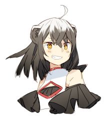 Rule 34 | 1girl, ahoge, animal ears, bare shoulders, blush, brown eyes, commentary request, copyright request, grey hair, grin, hair between eyes, kitada mo, looking at viewer, multicolored hair, simple background, smile, solo, upper body, white background