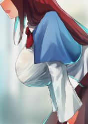 Rule 34 | 1girl, :d, blue capelet, blurry, blurry background, breasts, capelet, from side, head out of frame, highres, huge breasts, leaning forward, long hair, long sleeves, open mouth, red hair, shingyoku (female), shingyoku (touhou), smild, smile, solo, teruteru12, touhou, touhou (pc-98), upper body