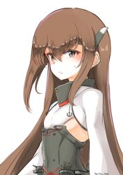 Rule 34 | 10eki (tenchou), 1girl, :/, alternate hair length, alternate hairstyle, anchor, arms at sides, artist name, blush, breasts, brown eyes, brown hair, closed mouth, collar, corset, forehead protector, highres, kantai collection, long hair, long sleeves, looking at viewer, sidelocks, simple background, small breasts, solo, straight hair, sweatdrop, taihou (kancolle), underboob, upper body, white background