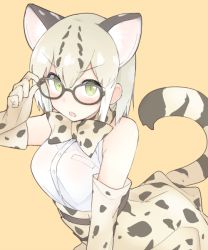 Rule 34 | &gt;:o, 10s, 1girl, :o, adjusting eyewear, animal ears, bad id, bad pixiv id, bare shoulders, black-framed eyewear, blonde hair, blush, bow, bowtie, breast pocket, breasts, buttons, cat ears, cat tail, elbow gloves, eyebrows, fang, glasses, gloves, gradient hair, green eyes, hair between eyes, hand up, kemono friends, large breasts, looking at viewer, margay (kemono friends), mobu, multicolored hair, open mouth, orange background, pocket, sanpaku, shirt, short hair, simple background, skirt, sleeveless, sleeveless shirt, solo, spotted hair, spotted skirt, striped tail, tail, tsurime, upper body, v-shaped eyebrows, white hair, white shirt