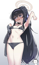 Rule 34 | 1boy, 1girl, 9nojo, absurdres, arm up, armpits, doodle sensei (blue archive), bags under eyes, bikini, black bikini, black hair, blue archive, blush, breasts, cardigan, grey cardigan, grey jacket, hairband, halo, highres, jacket, jewelry, long hair, navel, necklace, nervous sweating, nose blush, o-ring, o-ring bikini, o-ring top, official alternate costume, open mouth, ponytail, sensei (blue archive), simple background, small breasts, solo, sweat, swimsuit, ui (blue archive), ui (swimsuit) (blue archive), very long hair, yellow halo