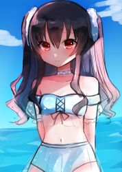 Rule 34 | absurdres, bare shoulders, beach, bikini, black hair, blue sky, breasts, choker, flustered, highres, long hair, neptune (series), nervous, ocean, rairai vortext, red eyes, scrunchie, sky, small breasts, swimsuit, thighs, tsundere, twintails, two side up, uni (neptunia), water