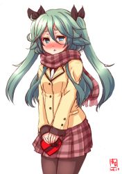 Rule 34 | 1girl, alternate costume, aqua eyes, black pantyhose, blazer, blush, box, commentary request, dated, gift, gift box, green hair, hair between eyes, hair ribbon, highres, holding, jacket, kanon (kurogane knights), kantai collection, long hair, looking at viewer, pantyhose, parted lips, plaid, plaid skirt, pleated skirt, ribbon, scarf, school uniform, simple background, sketch, skirt, solo, twintails, two side up, v arms, valentine, yamakaze (kancolle)