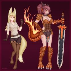 Rule 34 | 2girls, abs, absurdres, animal ears, animal hands, armor, artist name, belt, blonde hair, blush, breasts, cleavage, commission, dark-skinned female, dark skin, elbow gloves, fanny pack, fantasy, fiery tail, fins, fire, fox ears, fox girl, fox tail, full body, gloves, grin, hair ribbon, hands on own hips, head fins, highres, holding, holding sword, holding weapon, inari (monster girl encyclopedia), jewelry, large breasts, lizard tail, long hair, medium breasts, monster girl, monster girl encyclopedia, multiple girls, parted lips, ponytail, reptile girl, revealing clothes, ribbon, salamander (monster girl encyclopedia), scales, scar, scar on face, shirt, simple background, smile, sword, tail, weapon, wlper