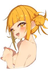 Rule 34 | 1girl, :d, absurdres, armpit crease, blonde hair, blunt bangs, blush, boku no hero academia, breasts, completely nude, cropped torso, double bun, fang, from side, hair bun, hands up, highres, looking at viewer, looking to the side, medium breasts, messy hair, narrowed eyes, nude, open mouth, rasusurasu, shiny skin, sideboob, simple background, skin fang, smile, solo, teeth, thick eyelashes, toga himiko, tongue, tsurime, upper body, v-shaped eyebrows, white background, yellow eyes