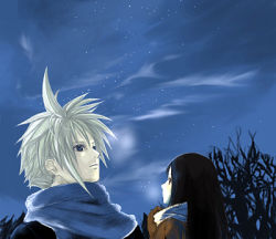 Rule 34 | 1990s (style), alternate costume, breath, cloud, cloud strife, coat, cold, final fantasy, final fantasy vii, from behind, lowres, night, niko (silent.whitesnow), outdoors, retro artstyle, scarf, sky, star (symbol), tifa lockhart, tree