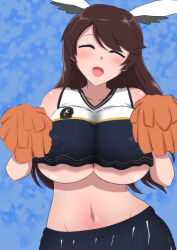 Rule 34 | 1girl, absurdres, blush, brave witches, breasts, brown hair, cheerleader, closed eyes, covered erect nipples, highres, karibuchi takami, large breasts, long hair, navel, no bra, open mouth, pom pom (cheerleading), smile, solo, underboob, wanwan 0301, wing ears, world witches series