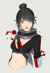 Rule 34 | 1girl, alternate costume, ammunition belt, animification, apex legends, black shirt, blue eyes, borrowed design, commentary, cropped shirt, ear piercing, english commentary, eyeshadow, grey scarf, hair bun, highres, itsaboutspoons, looking at viewer, makeup, midriff, mixed-language commentary, navel, nose piercing, nose ring, piercing, red eyeshadow, scarf, shirt, smile, solo, wraith (apex legends)