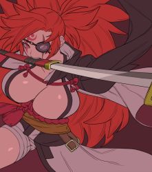 Rule 34 | 1girl, arc system works, baiken, breasts, byunsang, eyepatch, facial tattoo, glowing, glowing eye, guilty gear, highres, large breasts, long hair, red hair, samurai, scar, sword, tattoo, weapon