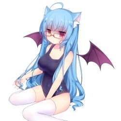 Rule 34 | 1girl, ahoge, amashiro natsuki, animal ears, bad id, bad pixiv id, bat wings, blue hair, breasts, cat ears, empty eyes, glasses, heterochromia, large breasts, long hair, looking at viewer, one-piece swimsuit, original, red-framed eyewear, school swimsuit, sitting, solo, swimsuit, thighhighs, very long hair, wariza, white thighhighs, wings