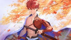 Rule 34 | 1boy, autumn leaves, darkavey, emiya shirou, fate/grand order, fate (series), floral print, holding, holding sword, holding weapon, igote, katana, leaf, light, limited/zero over, looking at viewer, male focus, red hair, senji muramasa (fate), topless male, smile, solo, sword, toned, toned male, branch, upper body, weapon, wristband, yellow eyes