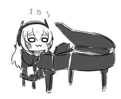 Rule 34 | 1girl, :3, black jacket, blush stickers, chibi, chika (keiin), commentary request, full body, girls&#039; frontline, greyscale, hair between eyes, headgear, instrument, jacket, long hair, long sleeves, m4 sopmod ii jr, monochrome, multicolored hair, music, piano, playing instrument, playing piano, sidelocks, simple background, sitting, smile, solo, streaked hair, white background