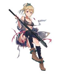 Rule 34 | 1girl, aiguillette, ankle boots, bare shoulders, belt, black bra, black thighhighs, blonde hair, blue skirt, blush, bolt action, boots, bow, bra, breasts, brown footwear, cleavage, closed mouth, embarrassed, full body, girls&#039; frontline, gloves, gun, hair bow, hairband, highres, holding, holding gun, holding weapon, holster, huanxiang heitu, looking at viewer, medium breasts, miniskirt, navel, off shoulder, official art, panties, pantyshot, red eyes, rifle, russian flag, scarf, shirt, shorts, single thighhigh, sitting, skirt, smile, sniper rifle, solo, sports bra, stomach, sv-98, sv-98 (girls&#039; frontline), tattoo, thighhighs, torn bra, torn clothes, torn shirt, torn skirt, torn sports bra, torn thighhighs, transparent background, underboob, underwear, upskirt, weapon, white panties