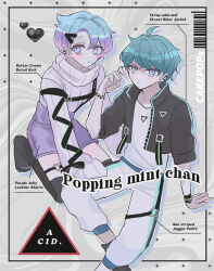 Rule 34 | 2boys, aqua hair, blue hair, blush, cookie run, english text, expressionless, heart, highres, humanization, looking at viewer, male focus, mamimumemo, multicolored hair, multiple boys, pants, personification, popping candy cookie, purple hair, short hair, spearmint cookie, two-tone hair