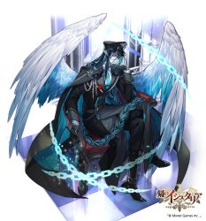 Rule 34 | 1boy, age of ishtaria, aiguillette, angel wings, aqua eyes, aqua hair, aqua necktie, armchair, belt, belt buckle, black belt, black cape, black coat, black footwear, black gloves, black hair, black hat, black pants, blue wings, boots, braid, buckle, buttoned cuffs, buttons, cape, chain, chair, checkered floor, closed mouth, coat, collared shirt, colored skin, copyright name, copyright notice, crossed legs, facial mark, feathered wings, full body, gloves, grey skin, hair between eyes, hand to own mouth, hat, highres, holding, holding riding crop, lapels, light particles, long coat, long hair, long sleeves, looking at viewer, low-braided long hair, low-tied long hair, male focus, multicolored hair, multicolored wings, necktie, notched lapels, official art, pants, peaked cap, pillar, pointy ears, riding crop, sandalphon (age of ishtaria), shirt, sila (carpen), single braid, sitting, sleeve cuffs, smile, solo, streaked hair, tassel, tie clip, very long hair, white background, white shirt, white wings, wings