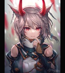 Rule 34 | 1girl, animal ears, warrior of light (ff14), blurry, blurry background, braid, breasts, cat ears, clothing cutout, earrings, final fantasy, final fantasy xiv, high collar, highres, horns, jewelry, looking at viewer, medium breasts, miqo&#039;te, mirukurim, pillarboxed, red eyes, red horns, short hair, shoulder cutout, silver hair, slit pupils, smile, upper body