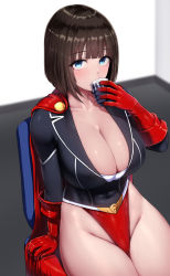 Rule 34 | 1girl, black hair, blue eyes, breasts, cape, chair, cleavage, covered navel, cup, highleg, highleg leotard, highres, holding, holding cup, indoors, ishimiso (ishimura), large breasts, leotard, looking at viewer, on chair, original, power suit, sitting, solo, superhero costume, tea, thighs, thong leotard