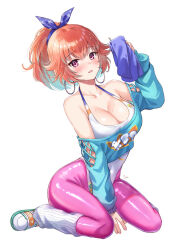 Rule 34 | 1girl, blue shirt, blush, breasts, cleavage, earrings, full body, hair ribbon, high ponytail, holding, holding towel, hololive, hololive english, hoop earrings, jewelry, large breasts, leotard, long sleeves, official alternate costume, official alternate hairstyle, orange hair, pantyhose, parted lips, pink pantyhose, ponytail, ribbed socks, ribbon, sebu illust, shirt, simple background, sitting, solo, sweat, takanashi kiara (7th costume), towel, virtual youtuber, wariza, white background