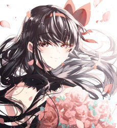 Rule 34 | 1girl, absurdres, akemi homura, akuma homura, black hair, blush, bouquet, bow, bow hairband, brown eyes, closed mouth, detached collar, floating hair, flower, hair between eyes, hair bow, hairband, highres, holding, holding bouquet, long hair, mahou shoujo madoka magica, misteor, petals, pink flower, pink rose, red bow, red hairband, rose, smile, solo, upper body, very long hair