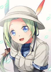 Rule 34 | 10s, 1girl, :d, black gloves, blue eyes, breast pocket, bucket hat, dot nose, elbow gloves, gloves, green hair, hair ribbon, hat, hat feather, head tilt, highres, kemono friends, long hair, looking at viewer, mirai (kemono friends), no eyewear, open mouth, pocket, ponytail, ribbon, simple background, smile, solo, upper body, white hat, yasume yukito